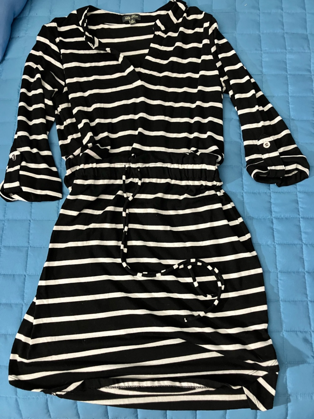 Lily Rose Black & White Striped Midi Dress with Drawstring